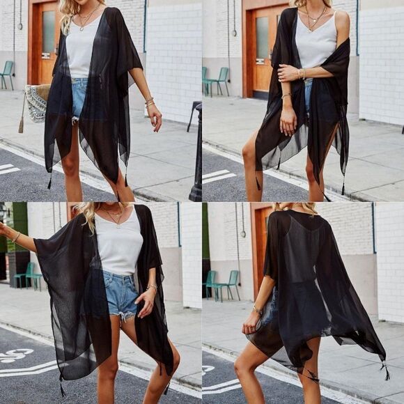 Womens Sheer Tasseled Kimono Black Boho Gothic Witchcore Baddie Festival Night O - Picture 2 of 10